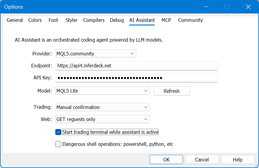 The AI Assistant options tab in MetaEditor The AI Assistant options tab in MetaEditor