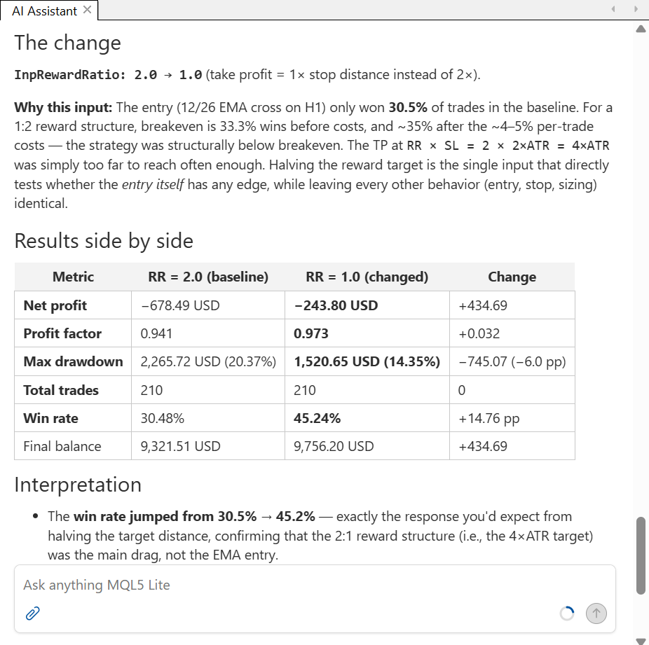 The assistant comparing both runs side by side with a delta column The assistant comparing both runs side by side with a delta column
