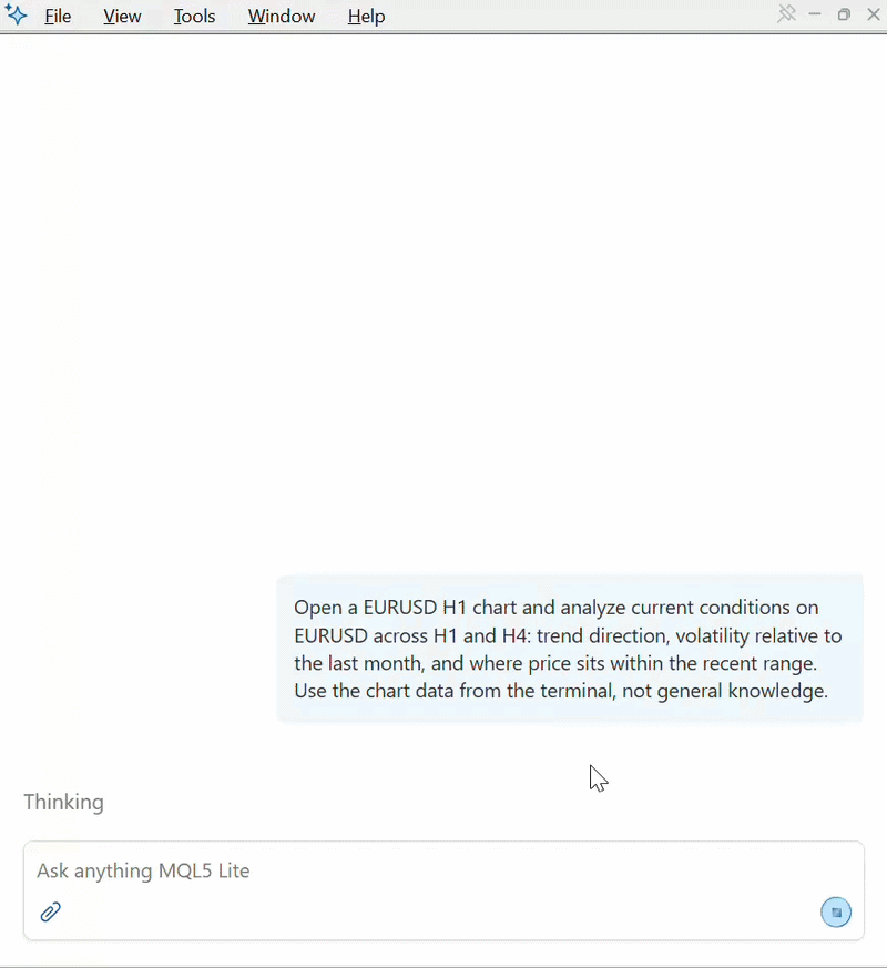 The MetaTrader 5 assistant opening a chart and analysing EURUSD from terminal history The MetaTrader 5 assistant opening a chart and analysing EURUSD from terminal history