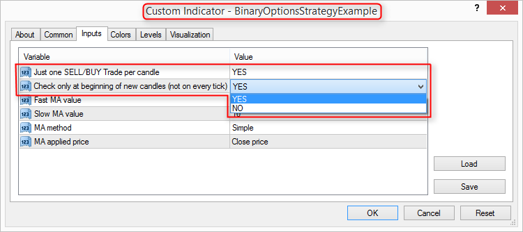 Binary Options Strategy Input Parameters Enhanced