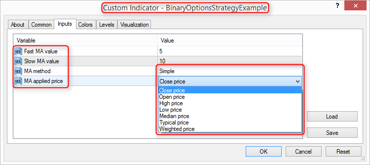 Binary Options Strategy Input Paremeters