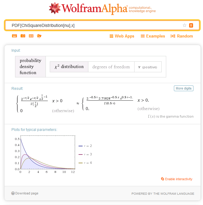 Рис. 4. Определение плотности распределения ChiSquare в Wolfram Alpha.
