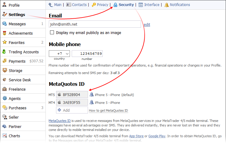 MetaQuotes ID dans le profil du membre de MQL5.community