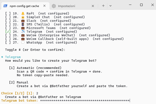Entering the Telegram bot token Entering the Telegram bot token