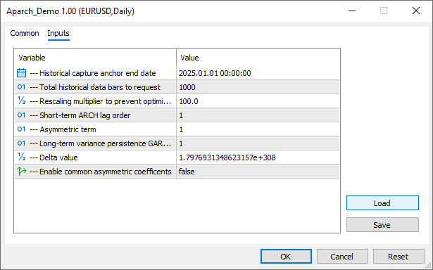 APARCH Demo Script Settings APARCH Demo Script Settings
