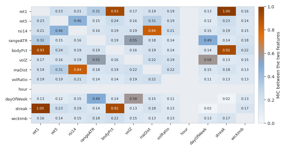 A twelve by twelve heat map of MIC between feature pairs, with several cells above 0.9 and the hour row greyed out as constant A twelve by twelve heat map of MIC between feature pairs, with several cells above 0.9 and the hour row greyed out as constant
