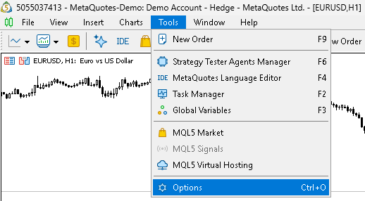 Figure 1. Accessing the MT5 Options panel Figure 1. Accessing the MT5 Options panel