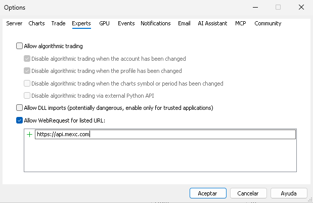 Figure 2. Adding the MEXC API URL to the allowed WebRequest URLs Figure 2. Adding the MEXC API URL to the allowed WebRequest URLs
