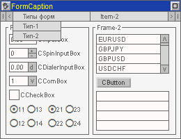 Fig. 7. Modulo principale dall'esempio eIncGUI_v3_Test_Form.mq5 con un tab del menu principale aperto