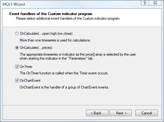 Setting event handlers for custom indicator in MQL Wizard