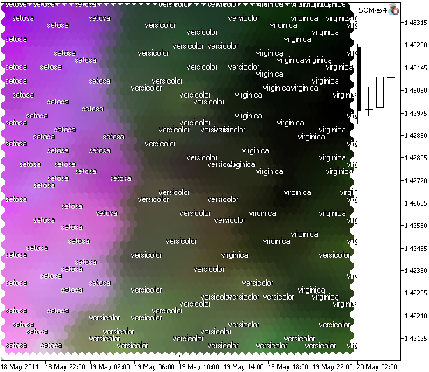 Figure 11. Carte de Kohonen de l’ensemble de données de la fleur d’iris tracè dans le modèle de couleur  CMYK