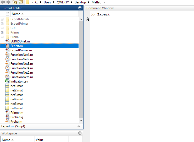 Excecutamos o script no ambiente de trabalho Matlab