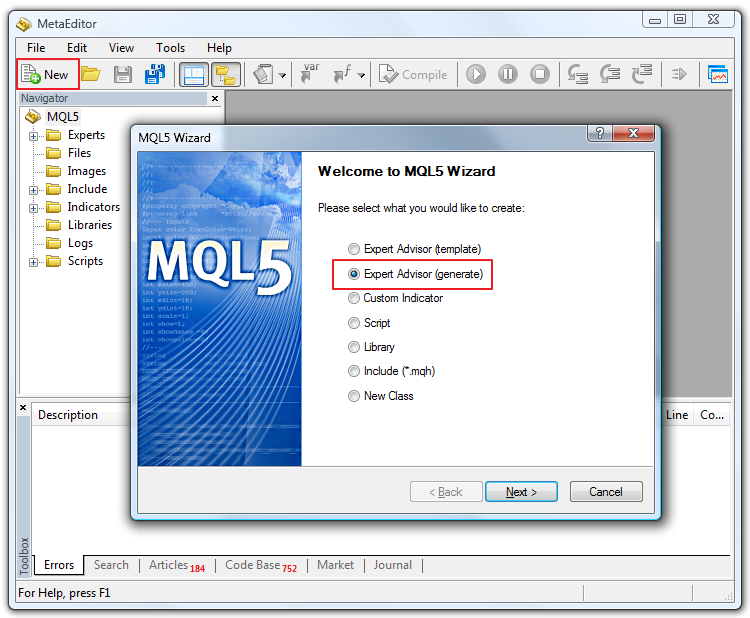 Figure 1. Creating New File (select "generate" option in Wizard)