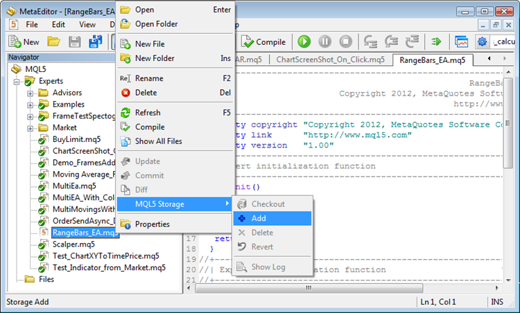 Aggiunta del file allo Storage MQL5