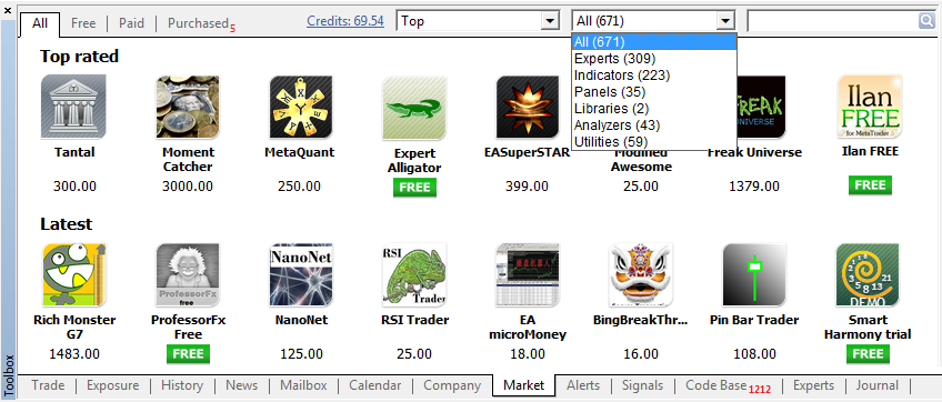 MQL5 Market dans le terminal de trading MetaTrader 5