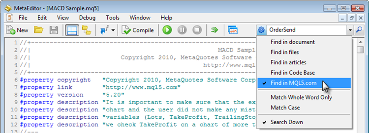 Setting search parameters in MetaEditor 5