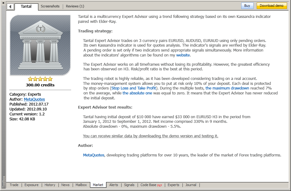 Descrição do Expert Advisor Tantal no Mercado através do terminal de negociação MetaTrader 5