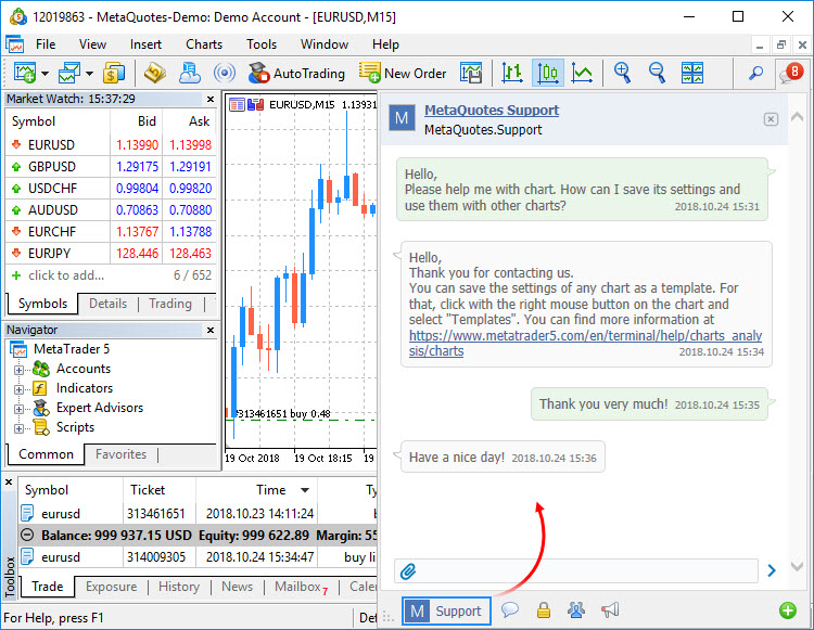 Чат брокера в терминале MetaTrader 5