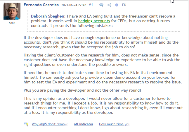 Fernando Carreiro'nun MQL5'teki sorumsuz bir freelance geliştirici hakkındaki cevabı