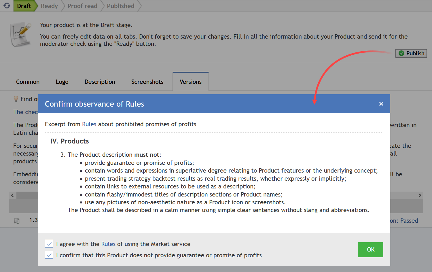 Before publishing a product, make sure it complies with the service rules