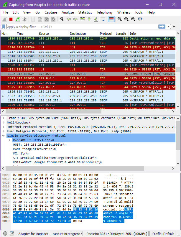 Рис. 7 – Список захваченных пакетов в Wireshark.