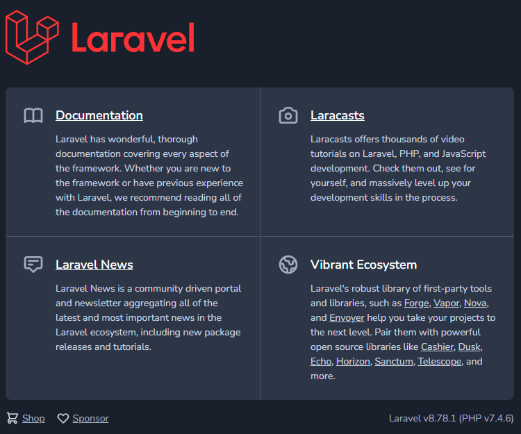 Рис. 14 - Приветственная страница проекта Laravel.