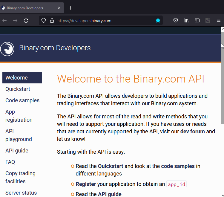 Página da Binary.com