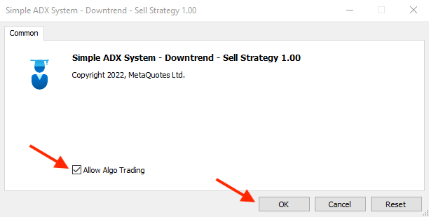 Simple ADX System - Downtrend - Sell Strategy penceresi