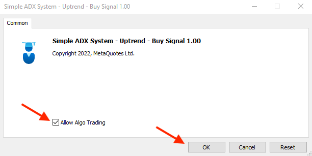 Simple ADX System - Uptrend - Buy Signal penceresi