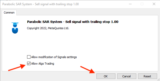SAR Downtrend - Sell signal with trailing stop - window