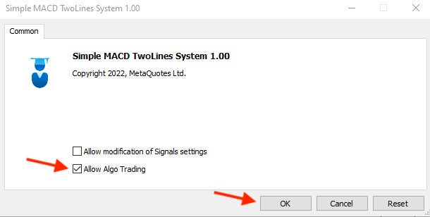 Simple MACD TwoLines System penceresi