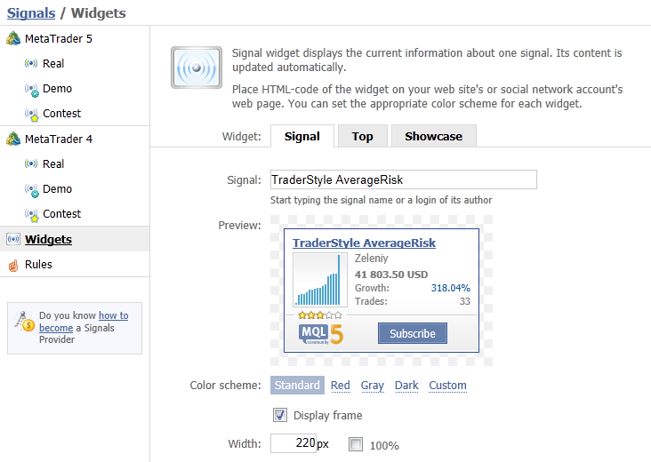 MetaTrader 4 and MetaTrader 5 Trading Signals Widgets