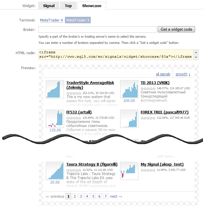 组件：用于 MetaTrader 5 显示的交易信号