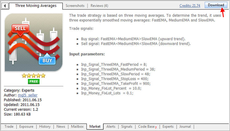 Den Expert Advisor direkt vom MQL5-Markt herunterladen in das MetaTrader5-Terminal. 