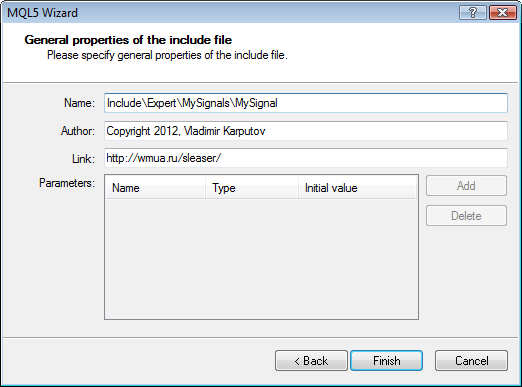 Figure 5. MQL5 Wizard. Location of the include file