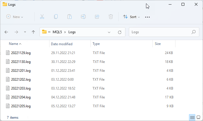 删除文件前的 “%MQL5\Logs” 资源管理器文件夹