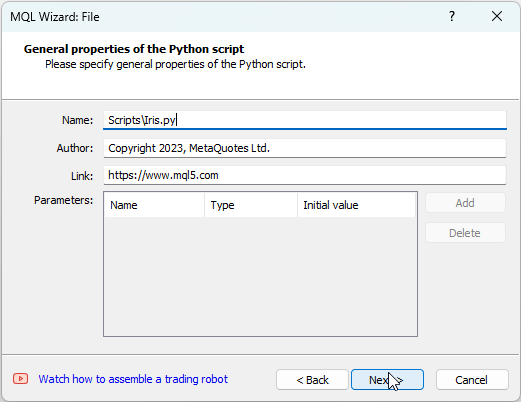 Criando um script Python no Assistente MQL5 - Etapa 2 - Nome do script
