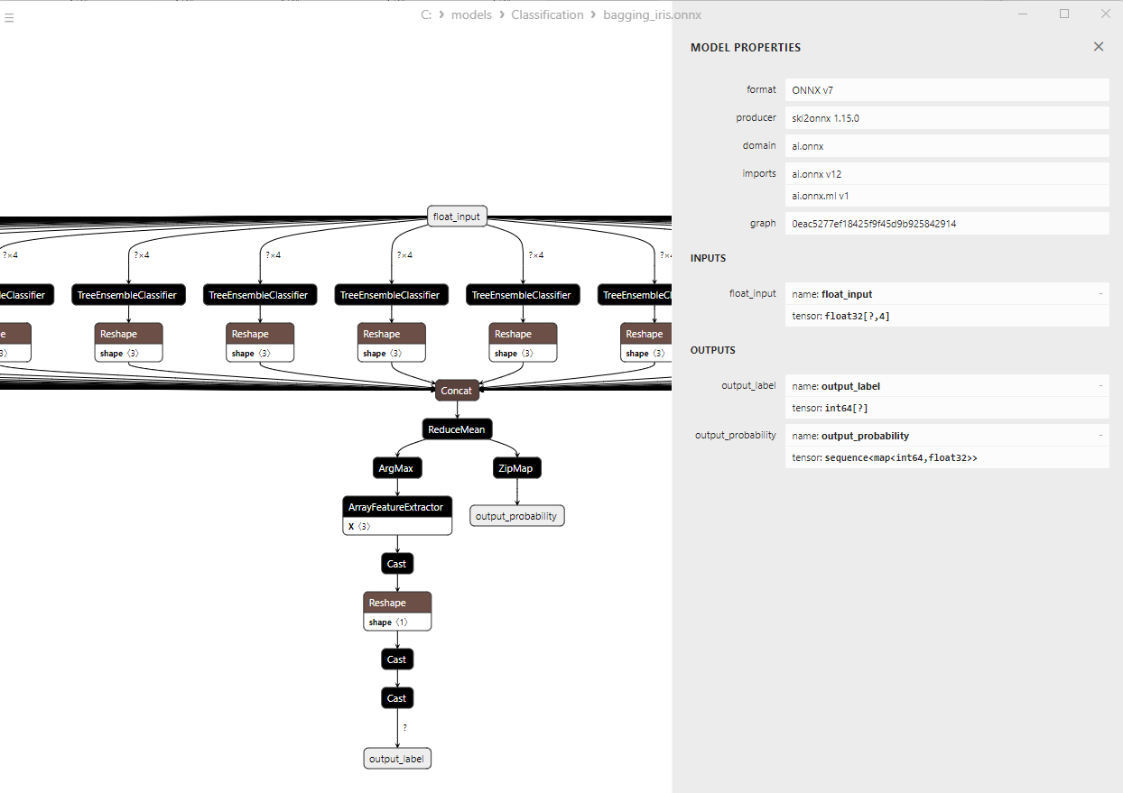 Abbildung 24. ONNX-Darstellung des Klassifizierungsmodells Bootstrap Aggregating in Netron