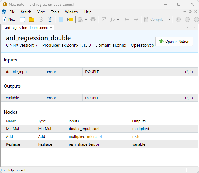 Fig.5. ard_regression_double.onnx ONNX model in MetaEditor