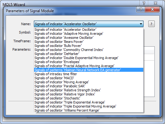 Fig. 3. Selecting the trading signal module of Hlaiman Neural Network EA generator