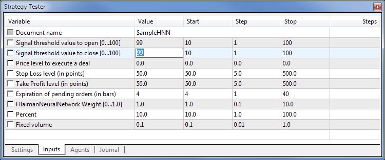 Fig. 12. External variables of the SampleHNN Expert Advisor can be modified