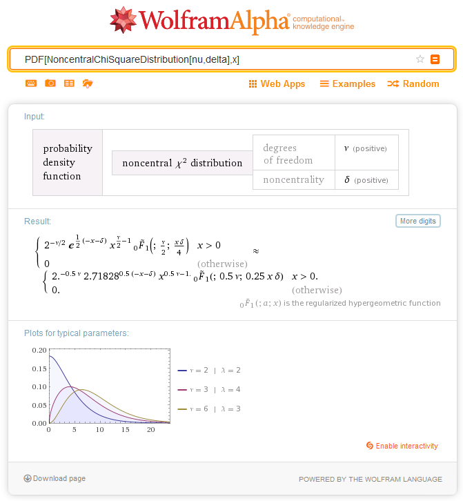 Рис. 5. Определение плотности вероятности распределения Noncentral ChiSquare в Wolfram Alpha