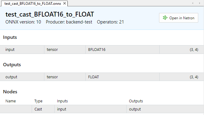 図4：モデルtest_cast_BFLOAT16_to_FLOAT.onnxの入出力パラメータ