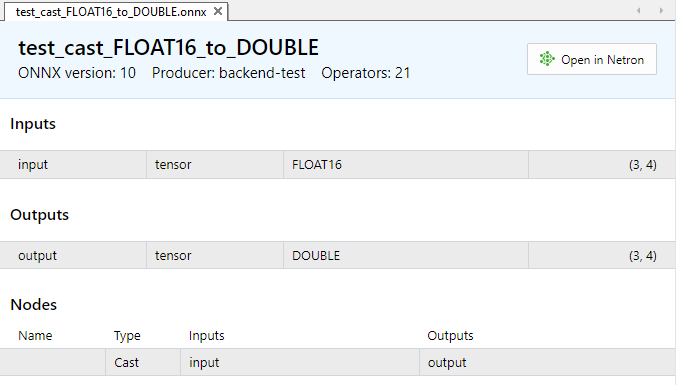 Abb.2. Eingangs- und Ausgangsparameter des Modells test_cast_FLOAT16_to_DOUBLE.onnx