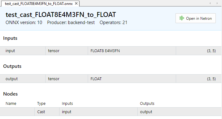 Fig.8. Input and output parameters of the model test_cast_FLOAT8E4M3FN_to_FLOAT.onnx in MetaEditor
