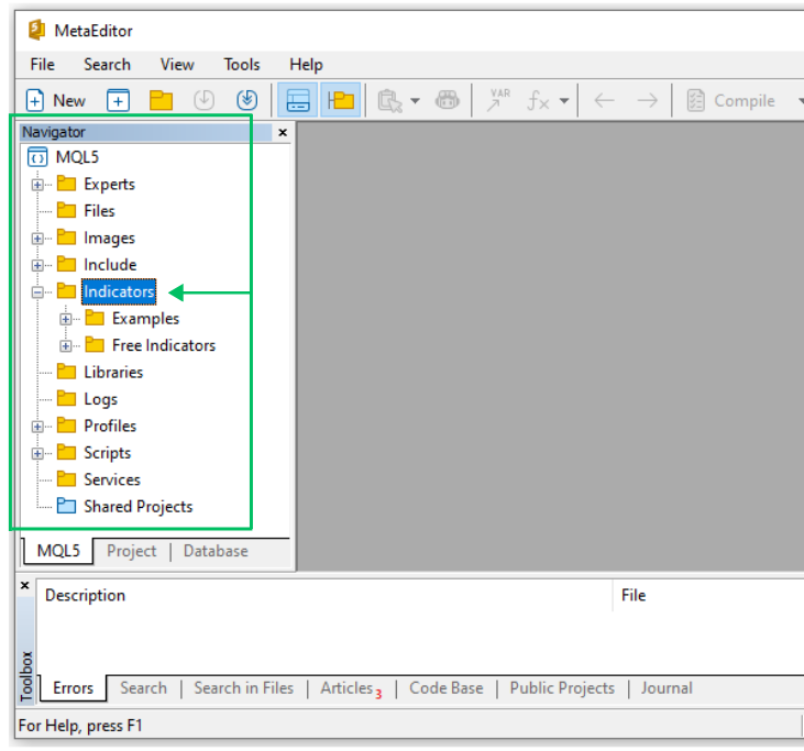 Access the indicators folder in MetaEditor