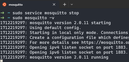 Windows-Subsystem für Linux - Mosquitto-Server anhalten und mit Verbose-Flag neu starten