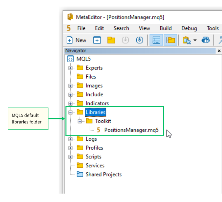 Pasta de bibliotecas padrão do MQL5 no painel Navegador do MetaEditor