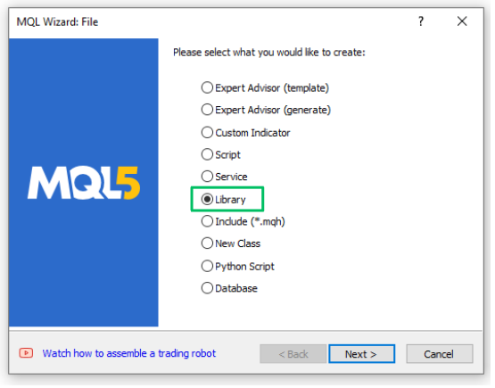 Arquivo de nova biblioteca Mql5 Wizard