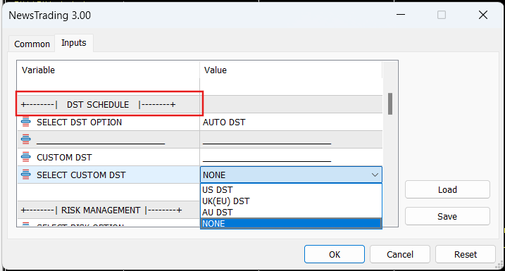 DST SCHEDULE Input Options